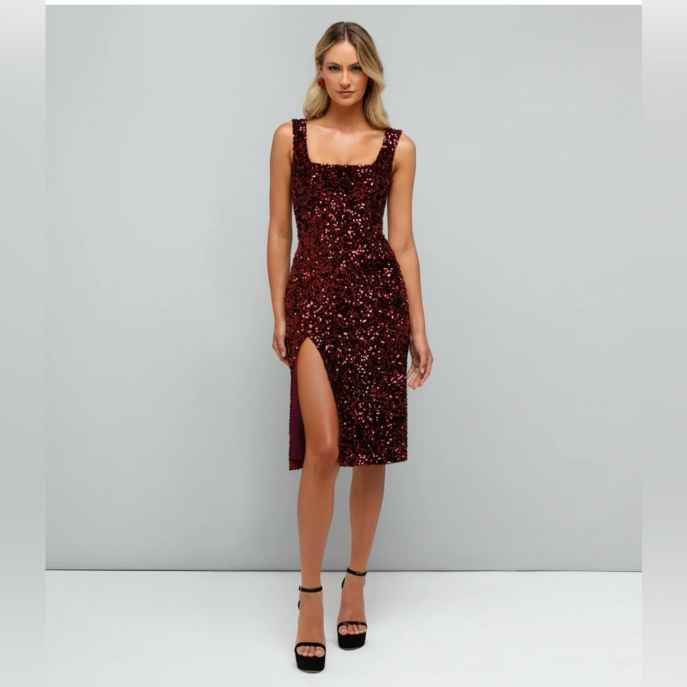 NWOT GORGEOUS 😍 HELSI BEATRICE SQUARE NECK MIDI DRESS XS MERLOT